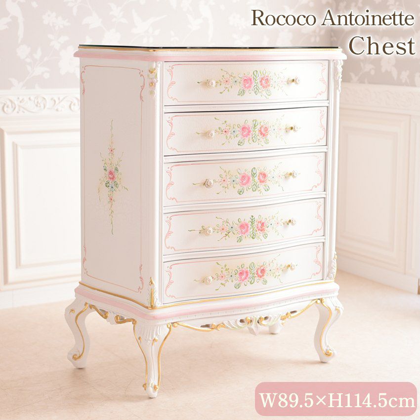 ROCOCO アントワネット 5段チェスト 幅89.5cm ガラス付 | ロココ調家具