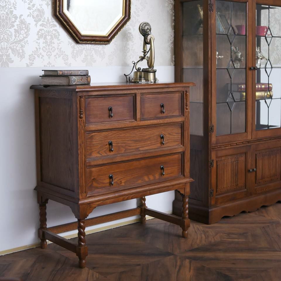 アンティーク調 3段チェスト 英国調 たんす 収納家具 オーク材 高級 画像2