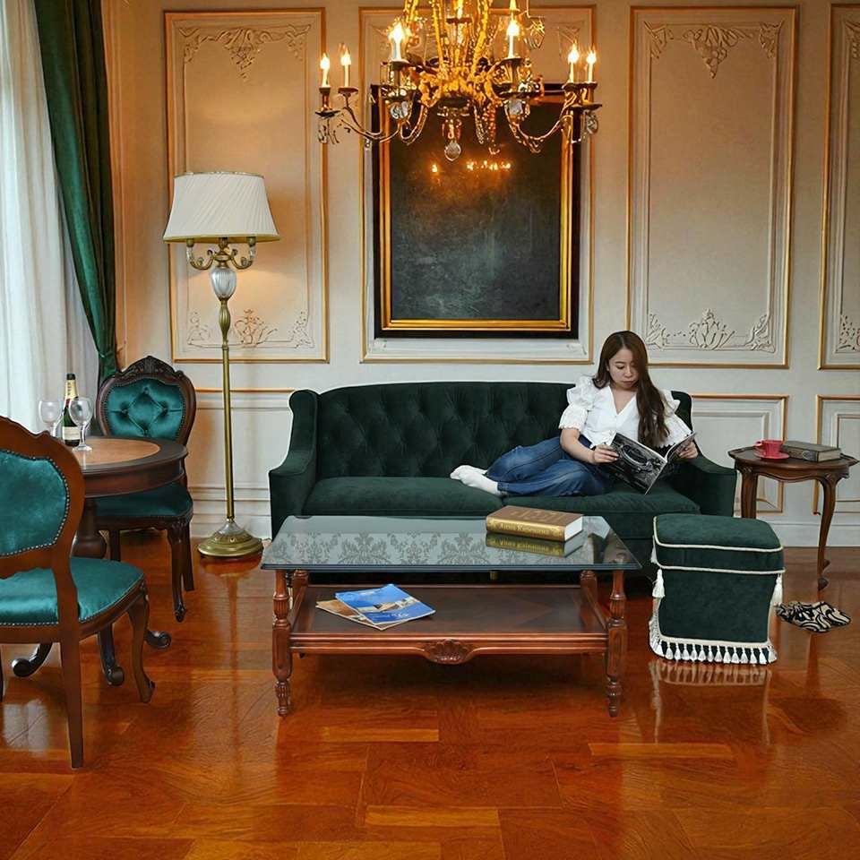 アンティーク調 ヨーロピアン 3人掛けソファ 3Pソファ ベルベット 画像9