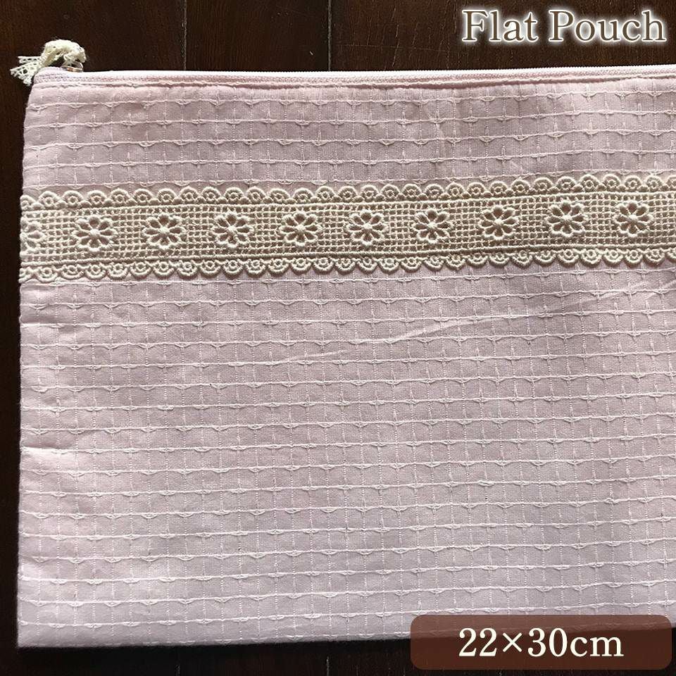 フラットポーチ 化粧ポーチ ピンク ファブリック レース 刺繍 ファッション雑貨 画像1サムネイル