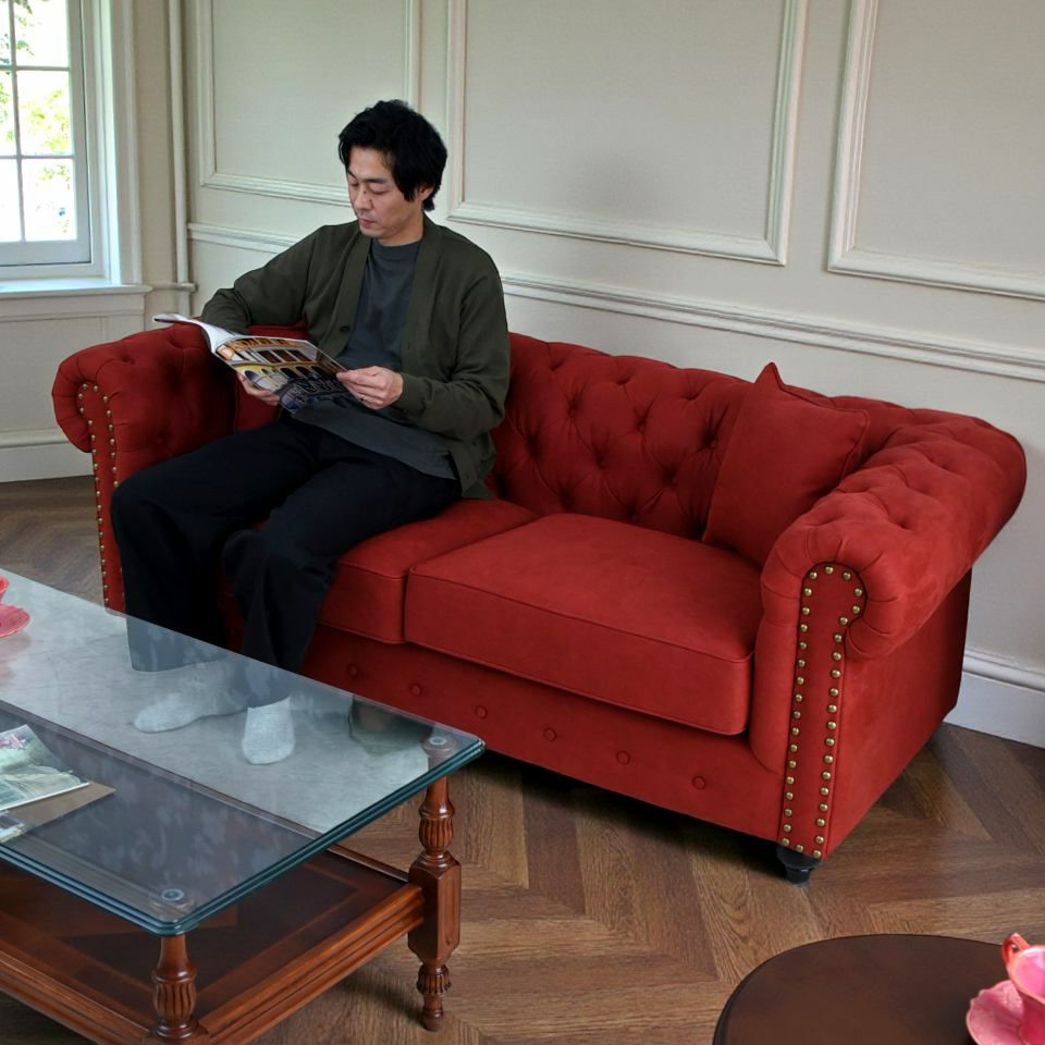 クラシック チェスターフィールド 3人掛けソファ 3P 撥水 レッド 画像7