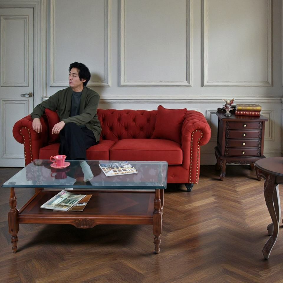 クラシック チェスターフィールド 3人掛けソファ 3P 撥水 レッド 画像10